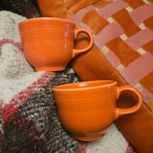 Vintage Fiesta Orange Ceramic Coffee Mugs Set of 2 Approx 1940s USA Made Retro
